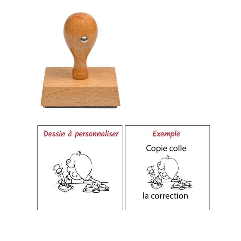 Tampon enseignant bon travail avec élève en bois à personnaliser n°61 Estampille Directe