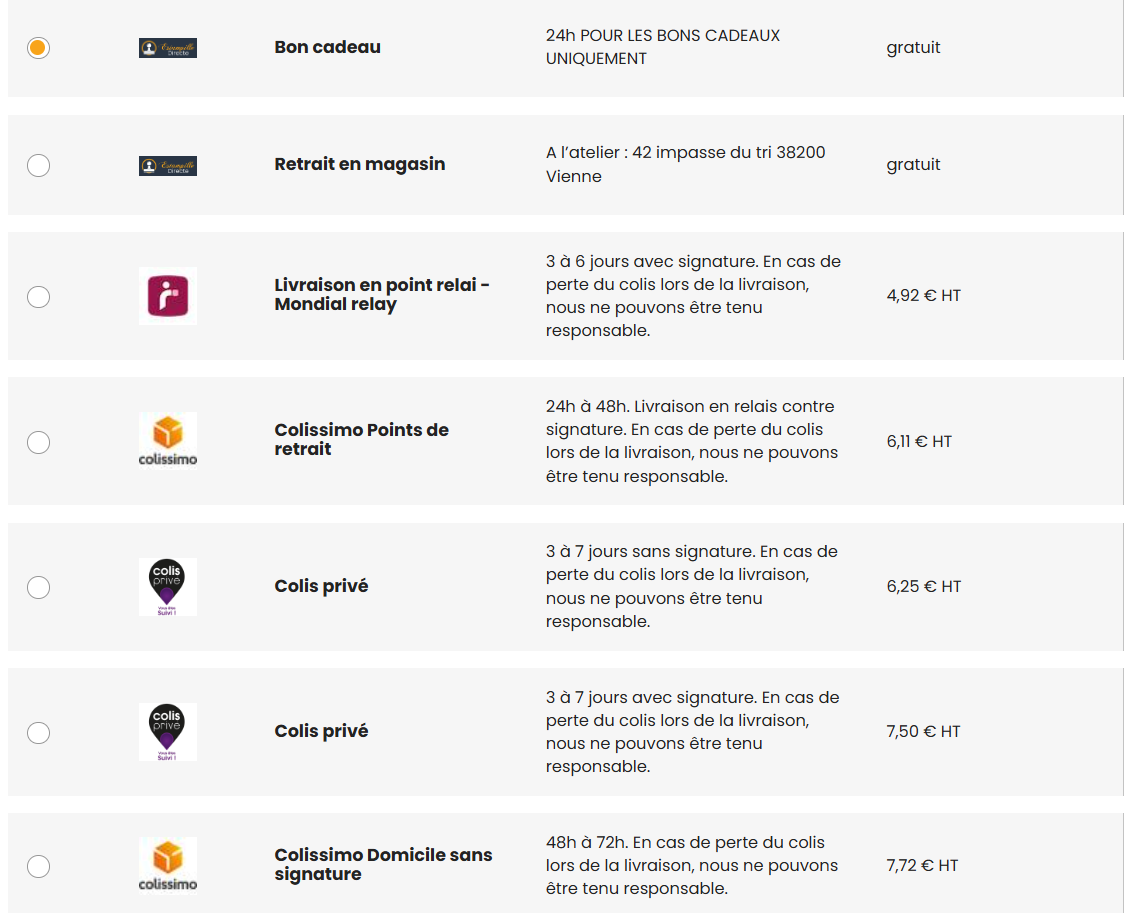 Frais de port affichage tarif