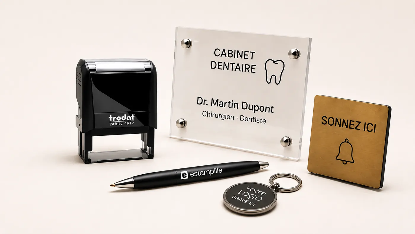 Tampon Trodat, plaque de cabinet dentaire, stylo et porte-clé gravés Estampille