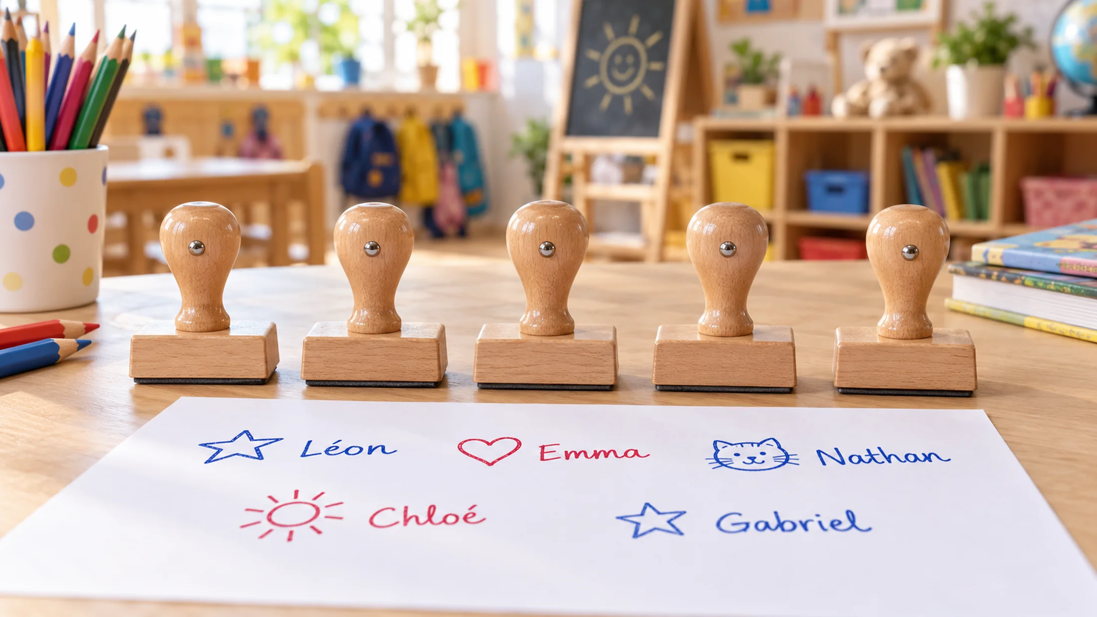 Tampons prénoms automatiques et bois pour l'école maternelle, sur une table de classe